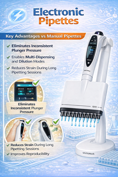 Sartorius Picus NxT electronic multi-channel pipette featuring digital display for multi-dispensing and dilution modes.